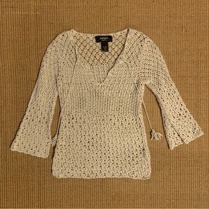 Vintage Express Handknit Cotton Linen Crochet 3/4 Sleeve Top, Women’s XS